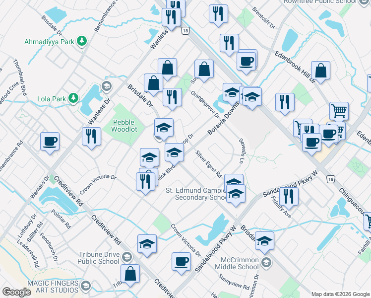 map of restaurants, bars, coffee shops, grocery stores, and more near 103 Botavia Downs Drive in Brampton