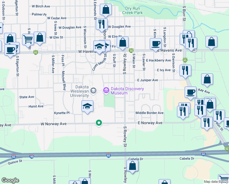 map of restaurants, bars, coffee shops, grocery stores, and more near 1311 South Duff Street in Mitchell