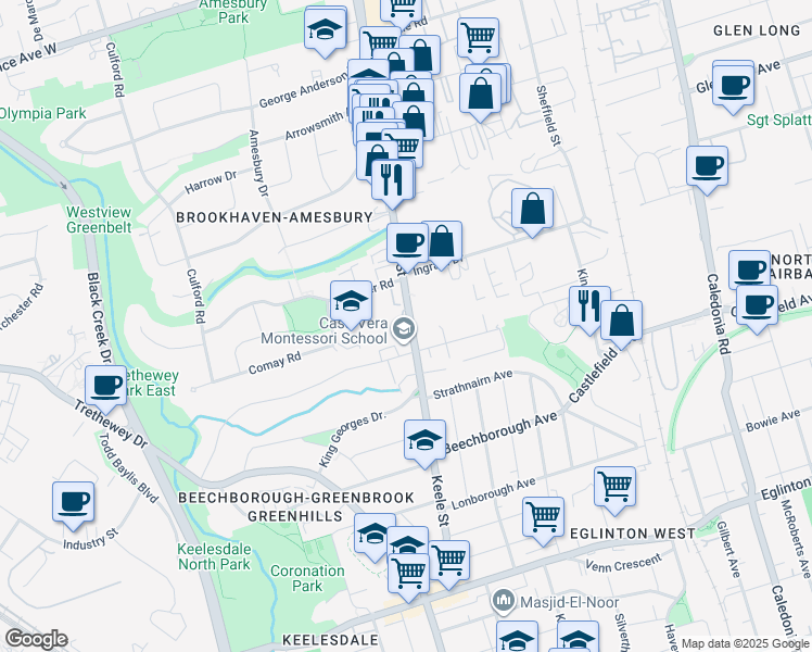 map of restaurants, bars, coffee shops, grocery stores, and more near 2050 Keele Street in North York