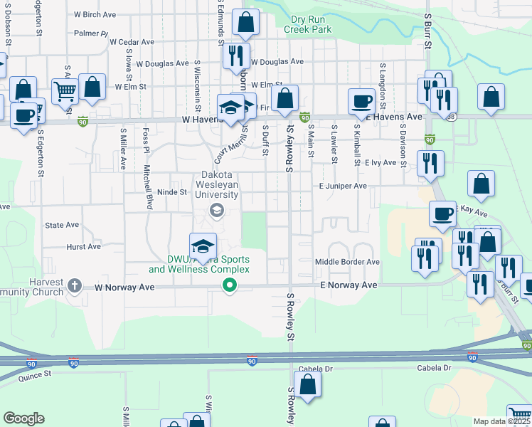 map of restaurants, bars, coffee shops, grocery stores, and more near 1311 South Duff Street in Mitchell