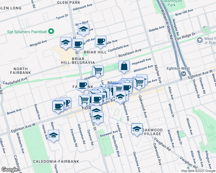 map of restaurants, bars, coffee shops, grocery stores, and more near 186 Belgravia Avenue in Toronto