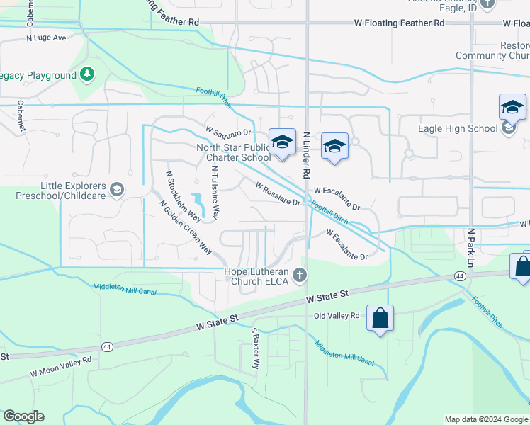 map of restaurants, bars, coffee shops, grocery stores, and more near 685 N Linder Rd in Eagle