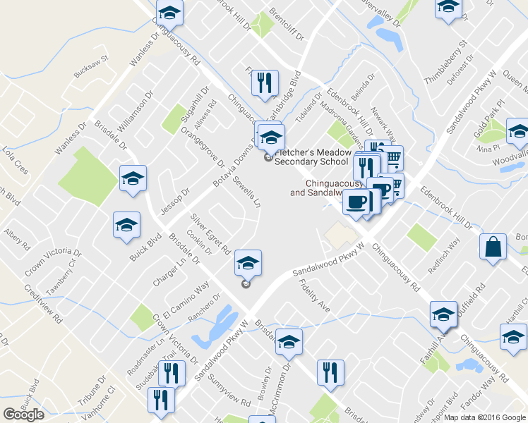 map of restaurants, bars, coffee shops, grocery stores, and more near 91 Sewells Lane in Brampton