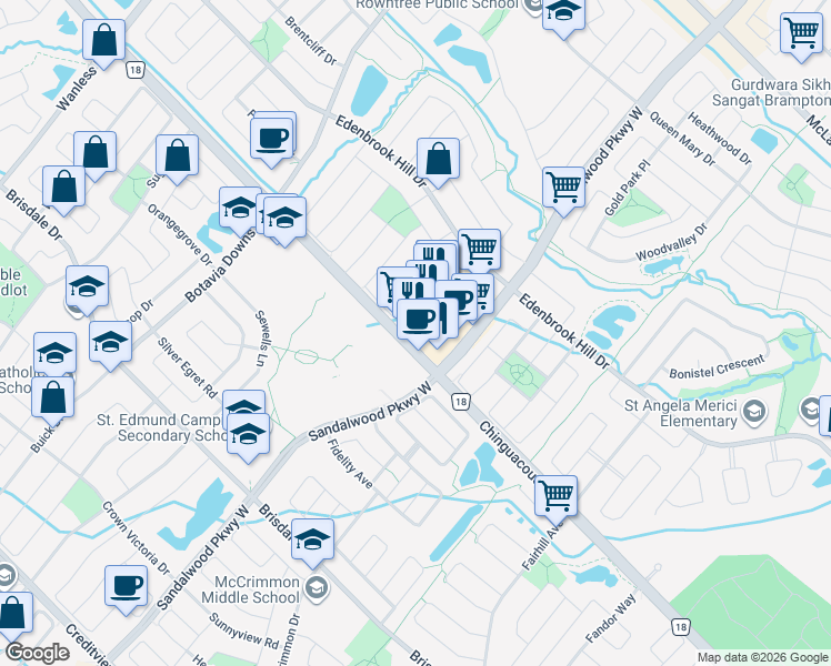 map of restaurants, bars, coffee shops, grocery stores, and more near 10661 Chinguacousy Road in Brampton