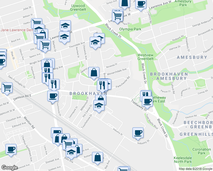 map of restaurants, bars, coffee shops, grocery stores, and more near 18 Brookhaven Drive in Toronto