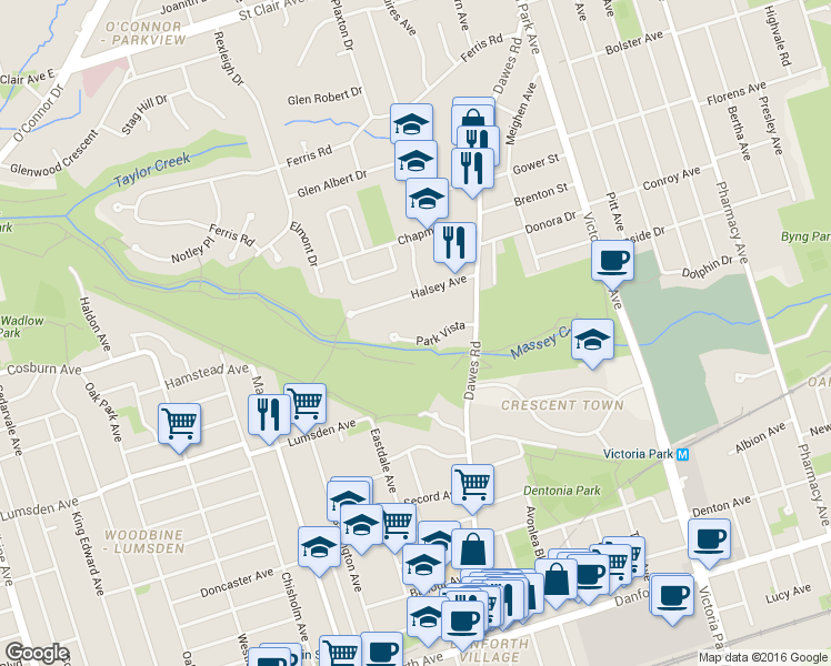 map of restaurants, bars, coffee shops, grocery stores, and more near in Toronto