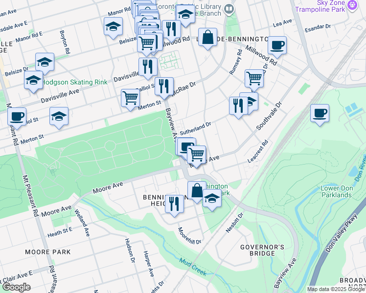 map of restaurants, bars, coffee shops, grocery stores, and more near in Toronto