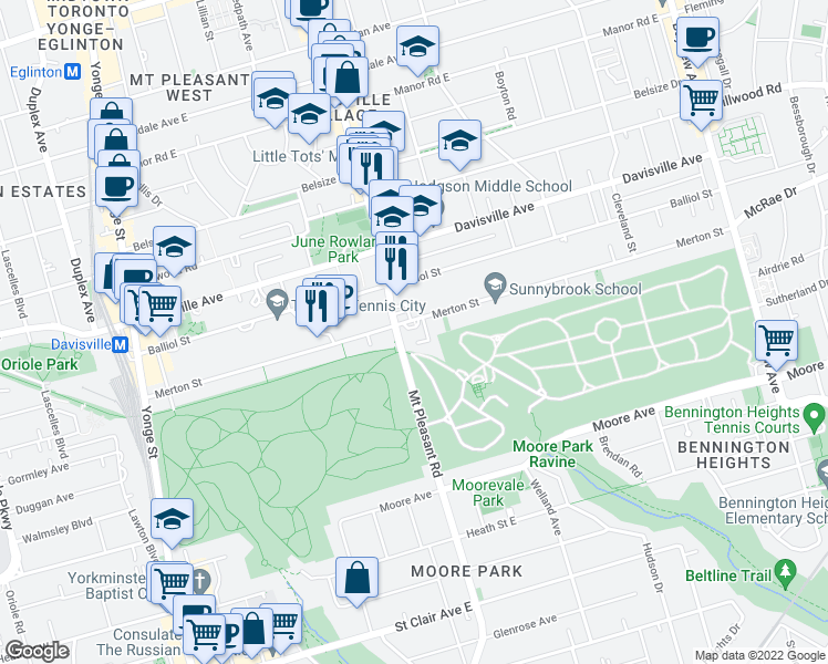 map of restaurants, bars, coffee shops, grocery stores, and more near 345 Merton Street in Toronto