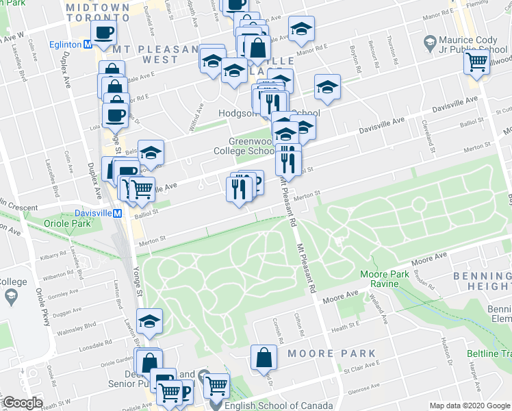 map of restaurants, bars, coffee shops, grocery stores, and more near in Toronto