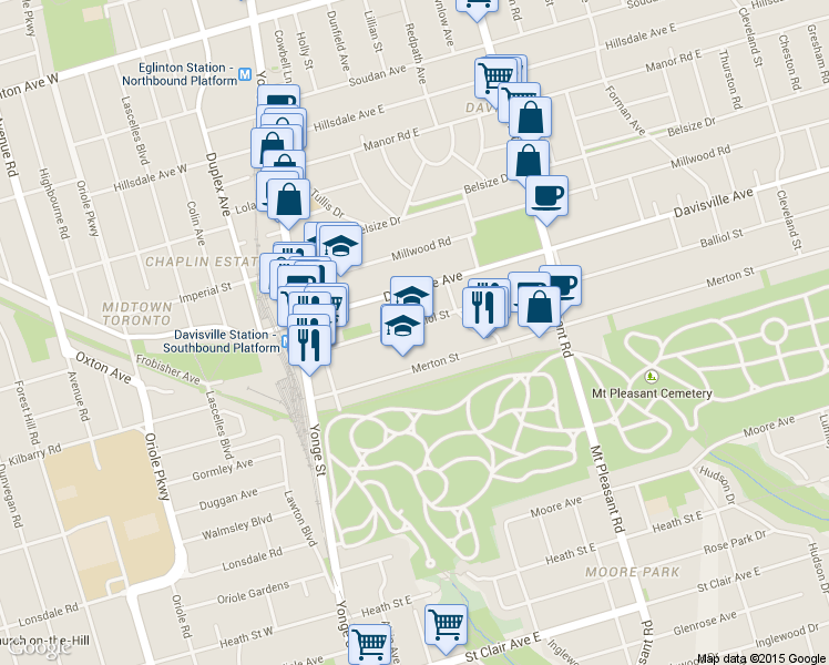 map of restaurants, bars, coffee shops, grocery stores, and more near in Toronto