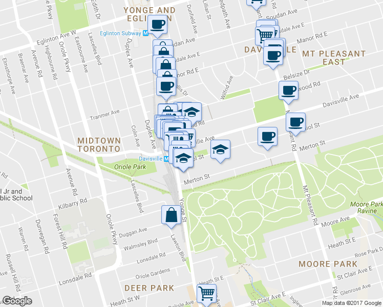 map of restaurants, bars, coffee shops, grocery stores, and more near 31 Davisville Avenue in Toronto
