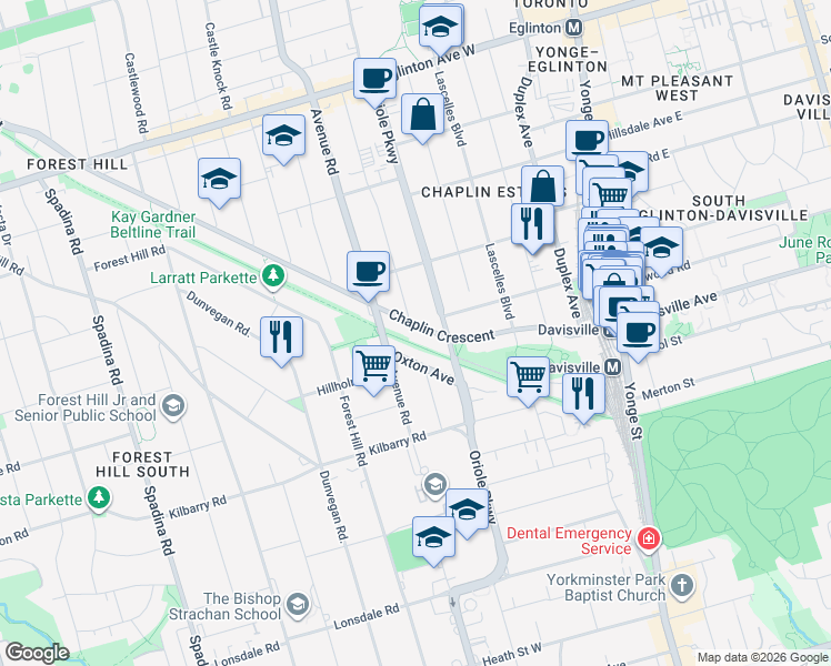 map of restaurants, bars, coffee shops, grocery stores, and more near in Toronto