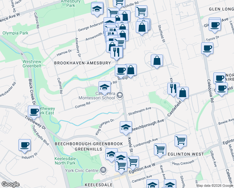 map of restaurants, bars, coffee shops, grocery stores, and more near 2050 Keele Street in Toronto