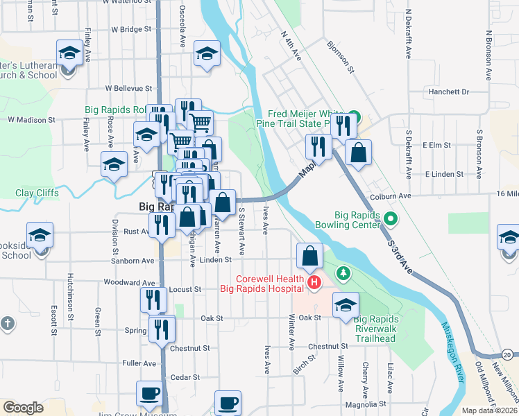 map of restaurants, bars, coffee shops, grocery stores, and more near 118 Ives Avenue in Big Rapids