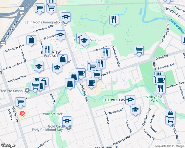 map of restaurants, bars, coffee shops, grocery stores, and more near in Toronto