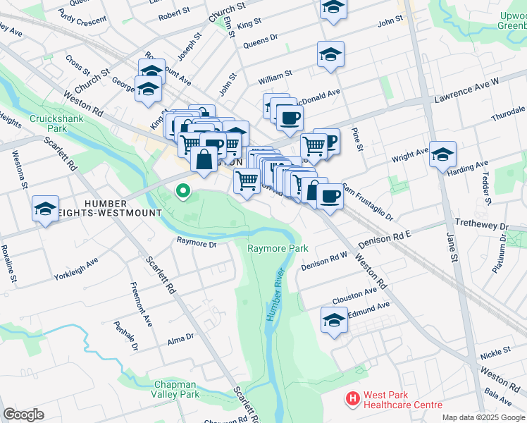 map of restaurants, bars, coffee shops, grocery stores, and more near 1 Hickory Tree Road in Toronto