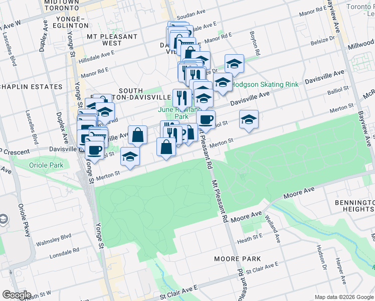 map of restaurants, bars, coffee shops, grocery stores, and more near 268 Merton Street in Toronto