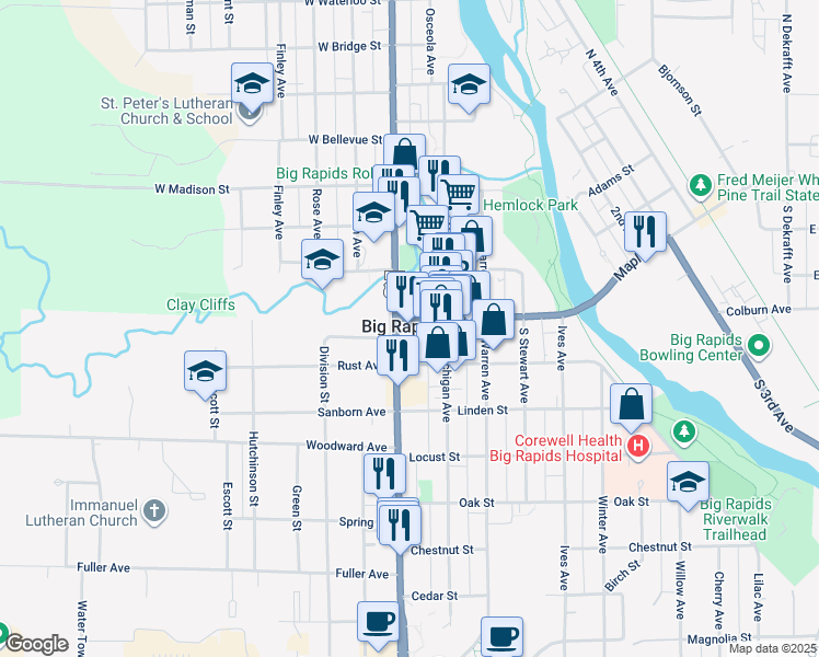 map of restaurants, bars, coffee shops, grocery stores, and more near 103 South State Street in Big Rapids