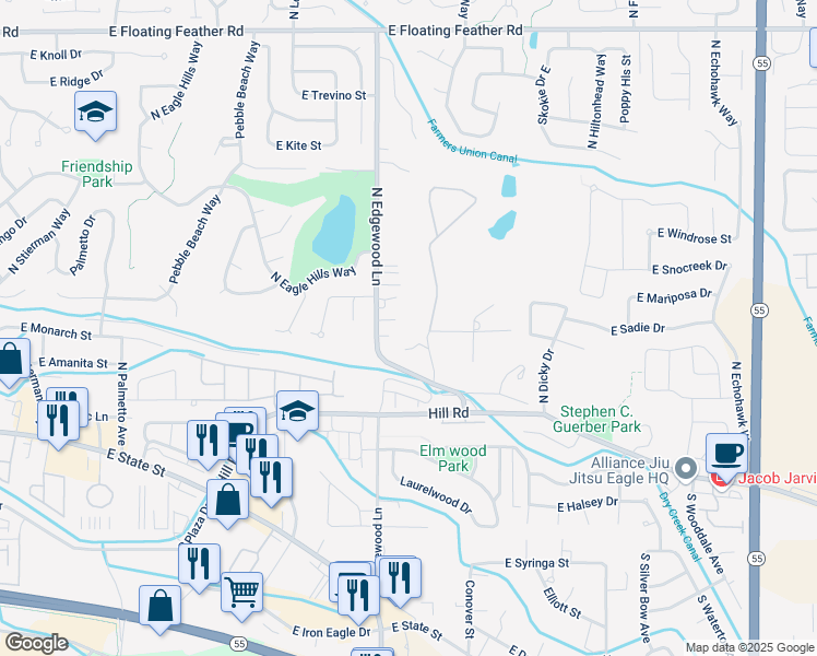 map of restaurants, bars, coffee shops, grocery stores, and more near 325 North Harvey Lane in Eagle