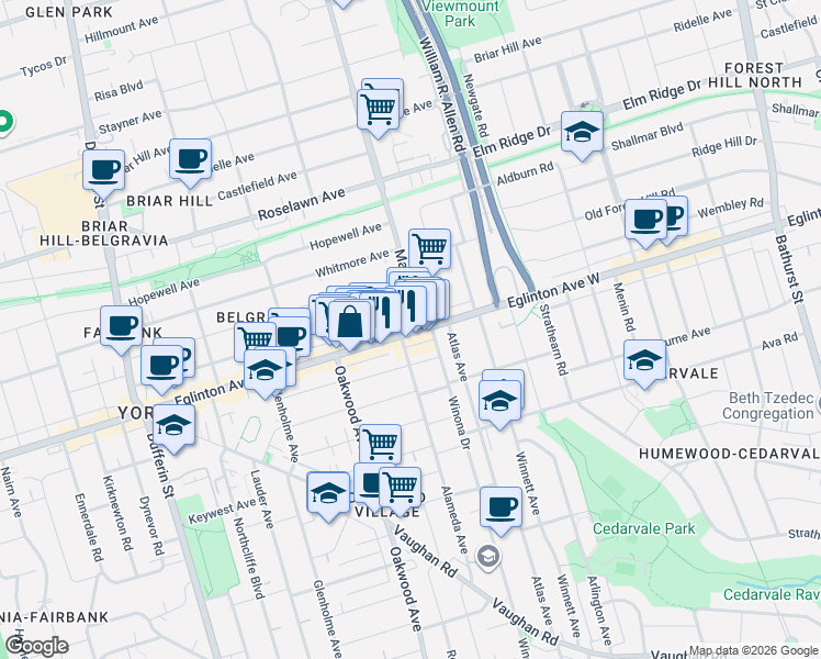 map of restaurants, bars, coffee shops, grocery stores, and more near 1476 Eglinton Avenue West in Toronto
