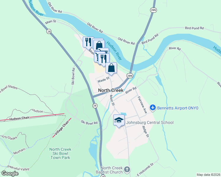 map of restaurants, bars, coffee shops, grocery stores, and more near 235 Main Street in North Creek