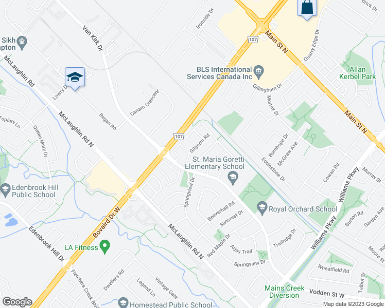 map of restaurants, bars, coffee shops, grocery stores, and more near 33 Gilgorm Road in Brampton