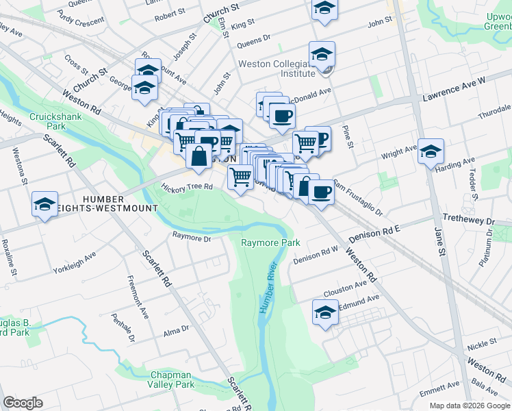 map of restaurants, bars, coffee shops, grocery stores, and more near 1 Hickory Tree Road in Toronto