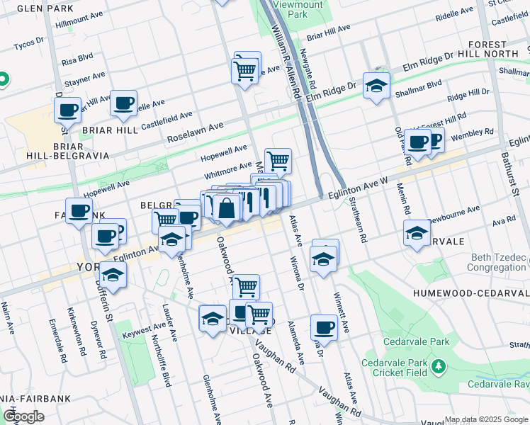 map of restaurants, bars, coffee shops, grocery stores, and more near 1478 Eglinton Avenue West in Toronto