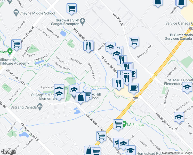 map of restaurants, bars, coffee shops, grocery stores, and more near 55 Queen Mary Drive in Brampton