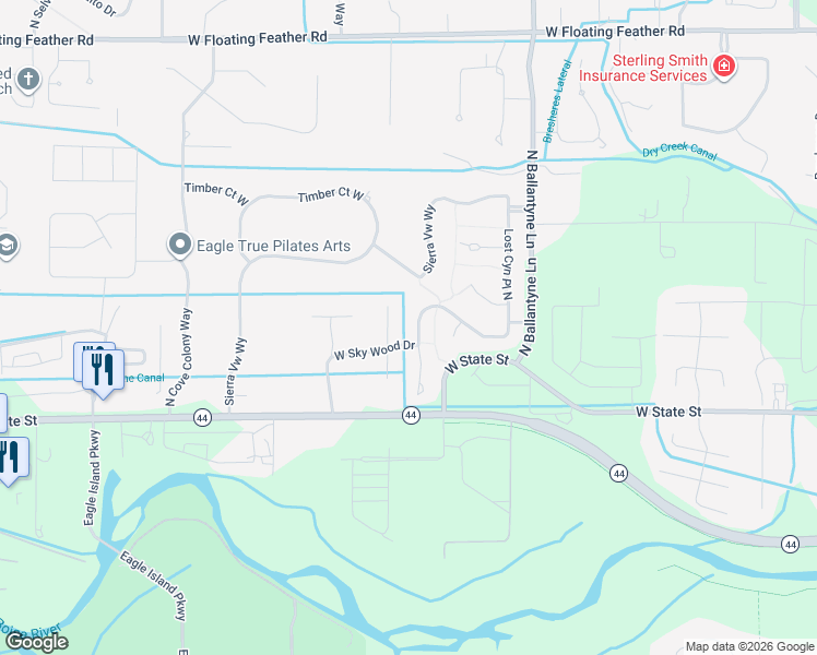 map of restaurants, bars, coffee shops, grocery stores, and more near 257 North Lost Canyon Way in Eagle