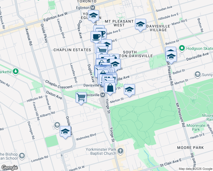 map of restaurants, bars, coffee shops, grocery stores, and more near 1901 Yonge Street in Toronto