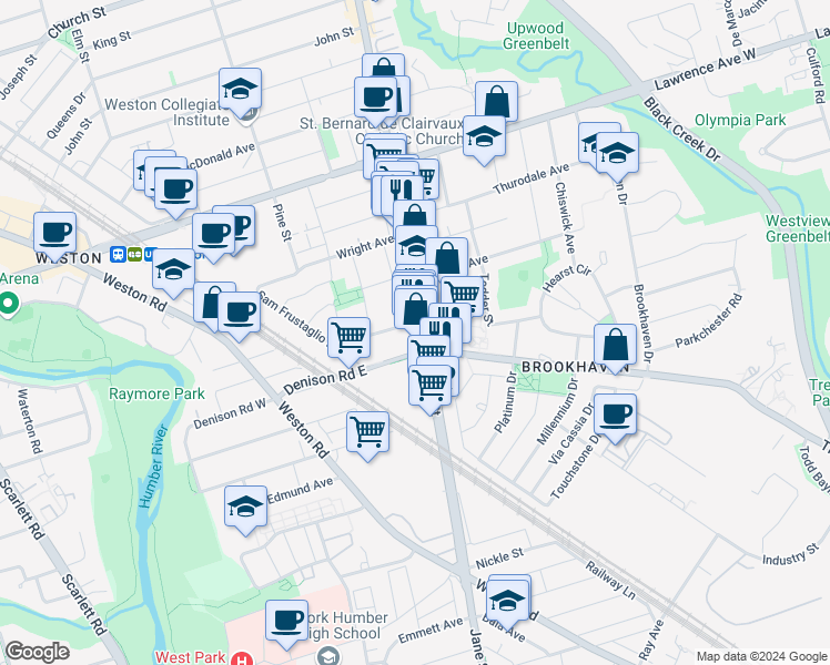 map of restaurants, bars, coffee shops, grocery stores, and more near 1546 Jane Street in Toronto