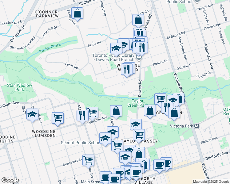 map of restaurants, bars, coffee shops, grocery stores, and more near in Toronto