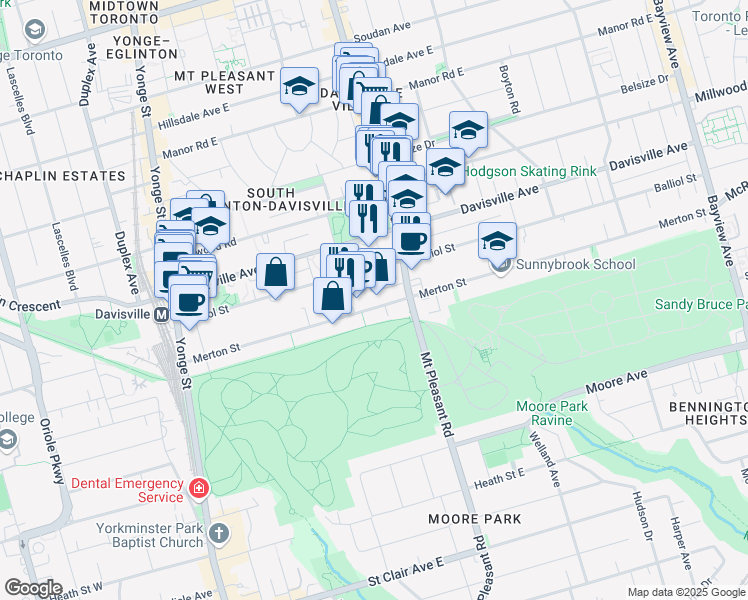 map of restaurants, bars, coffee shops, grocery stores, and more near in Toronto