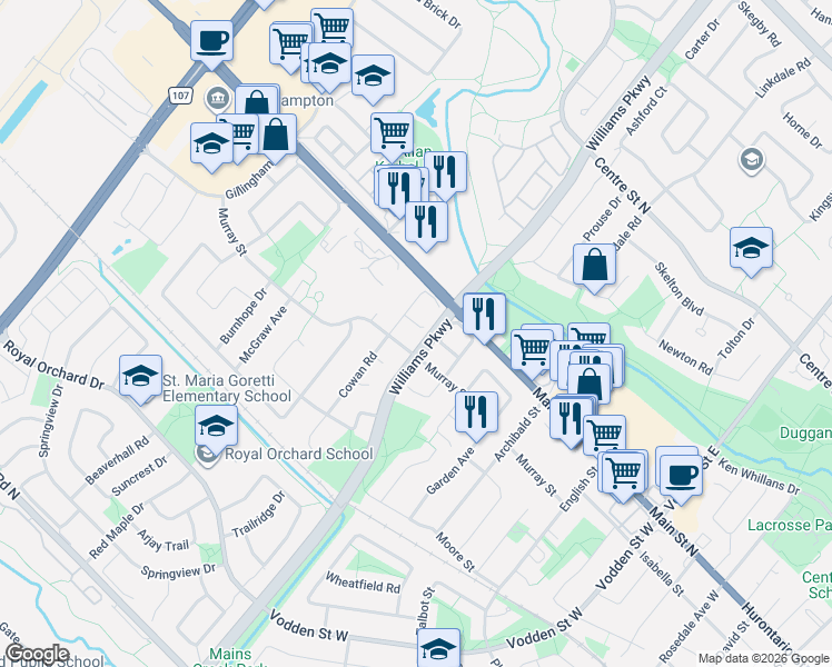 map of restaurants, bars, coffee shops, grocery stores, and more near 142 Murray Street in Brampton