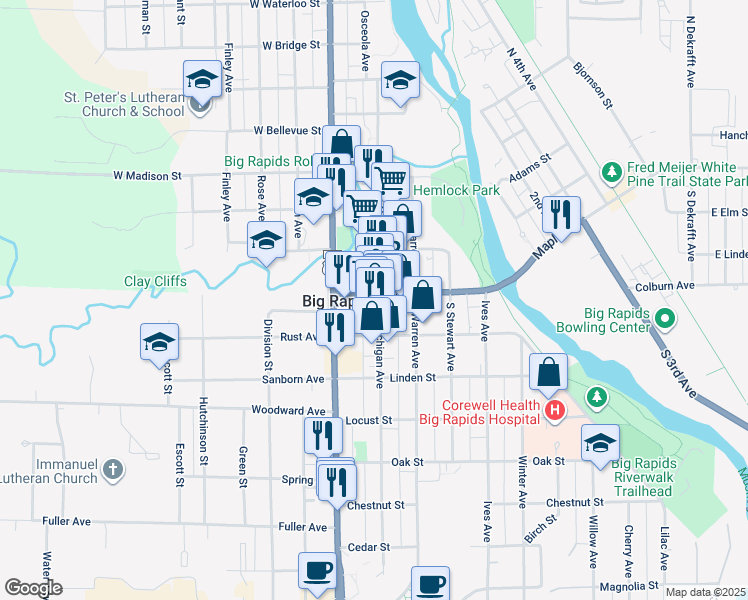 map of restaurants, bars, coffee shops, grocery stores, and more near 108 South Michigan Avenue in Big Rapids