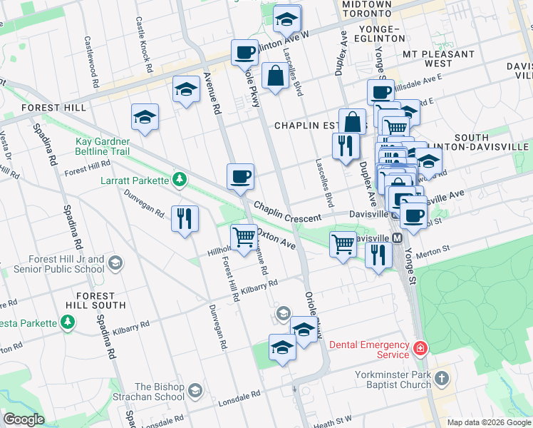 map of restaurants, bars, coffee shops, grocery stores, and more near 123 Chaplin Crescent in Toronto