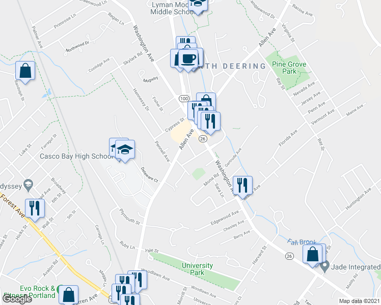 map of restaurants, bars, coffee shops, grocery stores, and more near 10 Abbott Street in Portland
