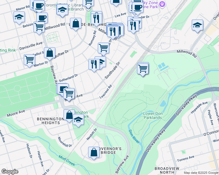 map of restaurants, bars, coffee shops, grocery stores, and more near Leacrest Road in Toronto