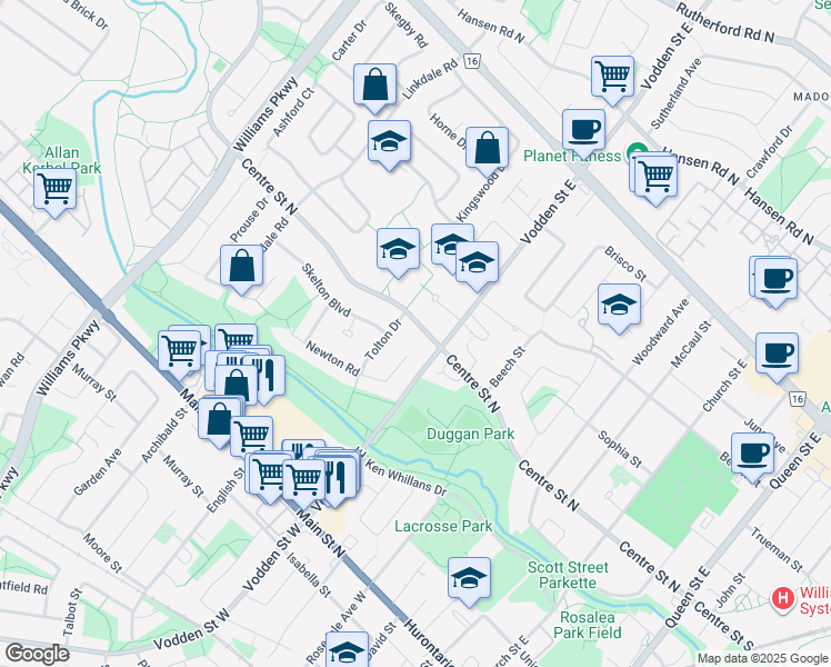 map of restaurants, bars, coffee shops, grocery stores, and more near 229 Centre Street North in Brampton