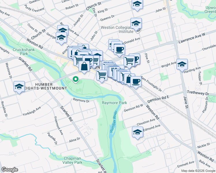 map of restaurants, bars, coffee shops, grocery stores, and more near 1 Hickory Tree Road in Toronto