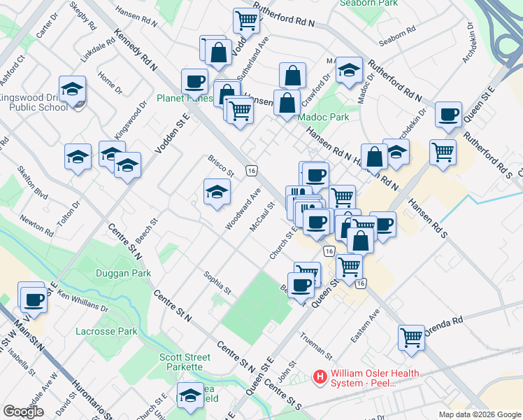 map of restaurants, bars, coffee shops, grocery stores, and more near 89 Woodward Avenue in Brampton