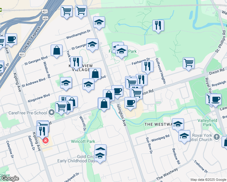 map of restaurants, bars, coffee shops, grocery stores, and more near 2018 Islington Avenue in Toronto