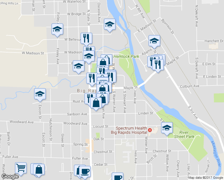 map of restaurants, bars, coffee shops, grocery stores, and more near 218 Maple Street in Big Rapids