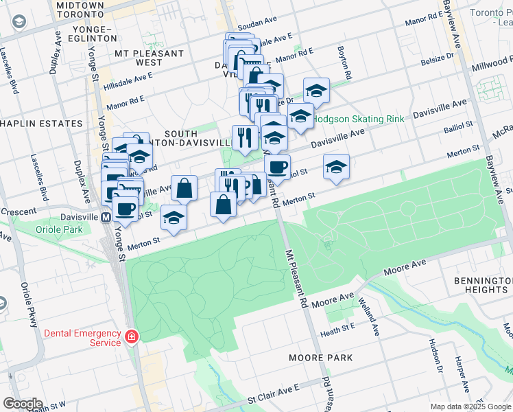 map of restaurants, bars, coffee shops, grocery stores, and more near in Toronto