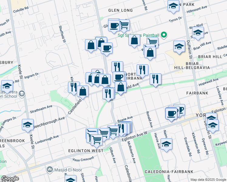 map of restaurants, bars, coffee shops, grocery stores, and more near in Toronto