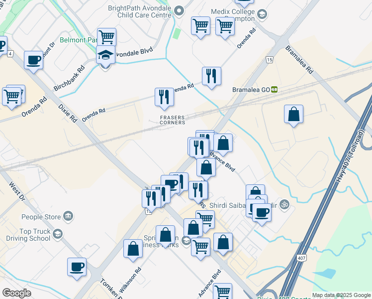 map of restaurants, bars, coffee shops, grocery stores, and more near 1700 Steeles Avenue East in Brampton