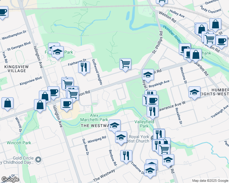 map of restaurants, bars, coffee shops, grocery stores, and more near 11 Deeth Drive in Toronto