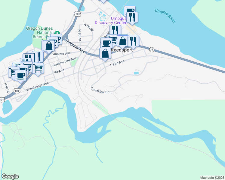 map of restaurants, bars, coffee shops, grocery stores, and more near 635 Crestview Drive in Reedsport
