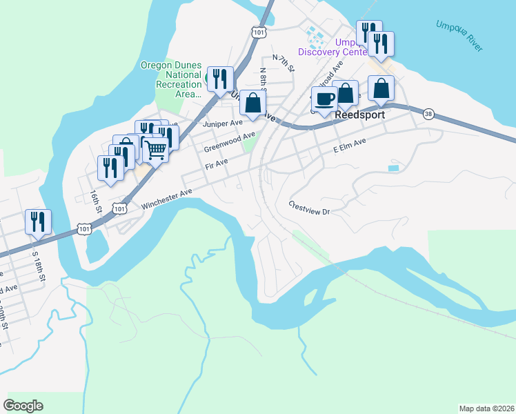 map of restaurants, bars, coffee shops, grocery stores, and more near 100 River Bend Road in Reedsport